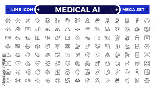 Medical AI outline icon. Set of medical technology related line icons. Digital, innovation, tech, healthcare etc.