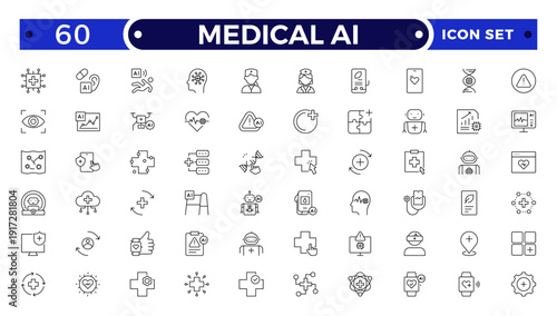 Medical AI outline icon. Set of medical technology related line icons. Digital, innovation, tech, healthcare etc.
