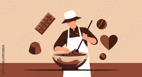 Artisan Chocolatier Melts Chocolate in Bowl, Sweet Treats Floating