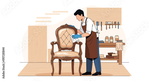 Artisan restoring antique chair with cloth, workshop background, detailed illustration