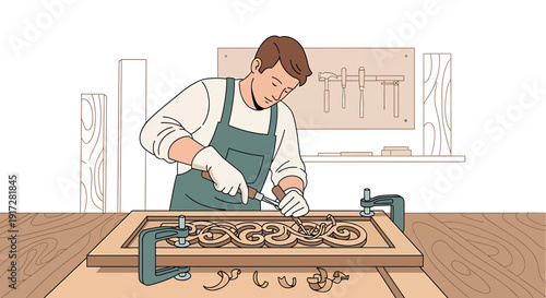 Artisan crafting intricate wood carving with tools in studio workshop