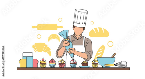 Baker Decorating Cupcakes with Icing Bag, Pastries and Baking Tools