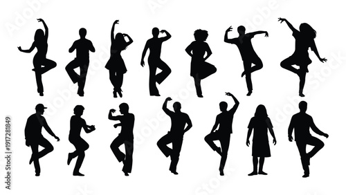 Silhouettes of dancers in various poses and styles on a white background isolated on white background, Vector
