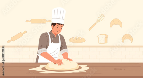 Baker Kneading Dough for Fresh Bread and Pastries