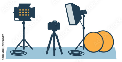 Flat design photography studio equipment set featuring a camera on tripod, LED light, softbox, and reflectors for professional photo and video shoots