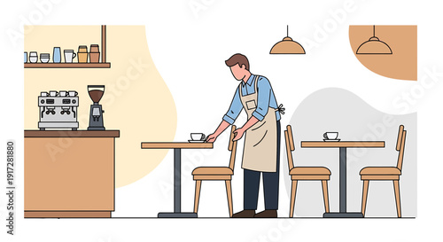 Barista Setting Table in Coffee Shop with Espresso Machine and Cups