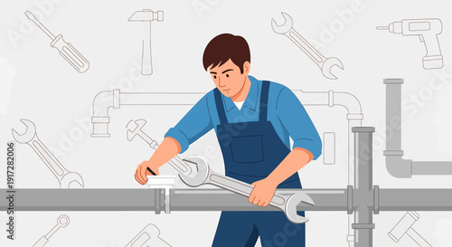 Plumber Fixing Pipes with Wrench, Tools and Plumbing System Background