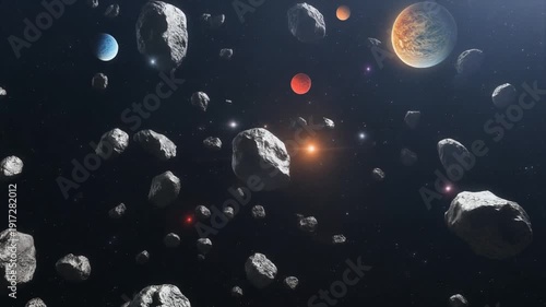 4K video of asteroids and planets in space