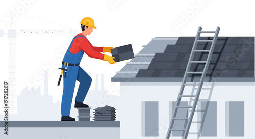 Roofer Installing Tiles on House Roof with Ladder and Crane