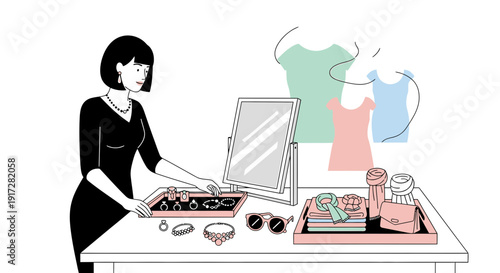 Woman Choosing Jewelry and Accessories for Outfit