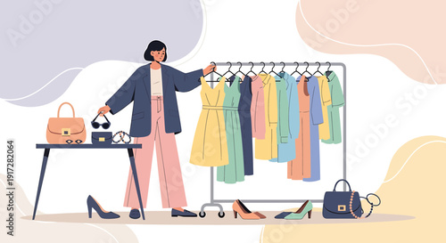 Woman Chooses Outfit from Clothing Rack, Fashionable Style and Accessories