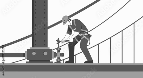 Worker on high structure tightening bolt with wrench, safety harness, bridge maintenance