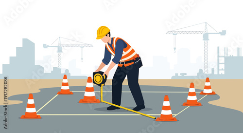 Worker measuring site with tape measure surrounded by safety cones, cranes in background