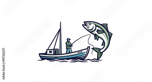 Man Fishing from Small Sailboat.