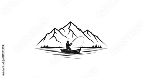 Man Fishing in Mountain Lake.