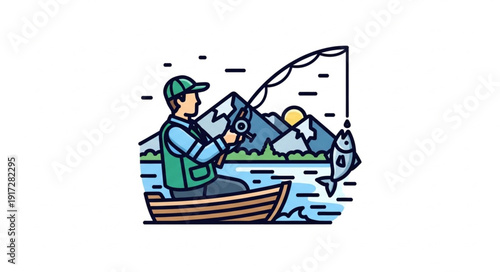 Man Fishing in Boat on Lake.