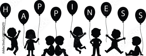 Black silhouette of happy children jumping and sitting while holding balloons that spell out the word happiness isolated on white background for childhood concepts