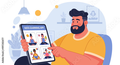 Man holding a tablet displaying a kids learning app with educational illustrations and children
