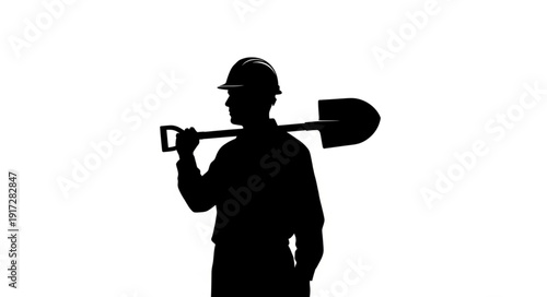 Man Holding Shovel Silhouette Profile.