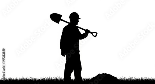 Man Holding Shovel Silhouette Profile.