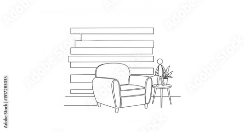 Hand drawn sketch of a vintage armchair and a small plant.