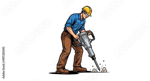 Man Operating Jackhammer on Ground.
