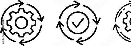 Set of line icons for workflow automation process gear with arrows and check mark symbol for system optimization isolated on white