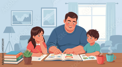 Family bonding Father and children engaged in shared learning and reading at home