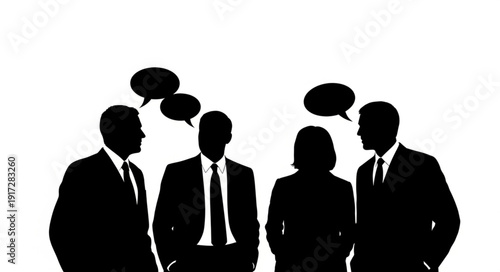 Business people silhouettes in discussion with speech bubbles.