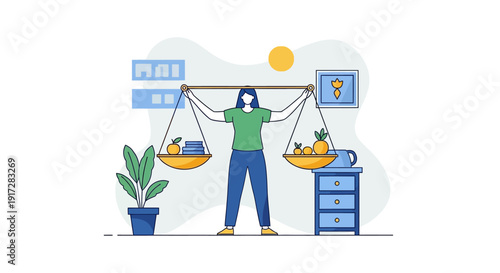 Healthy eating habits and balanced diet with fresh fruits and vegetables illustration