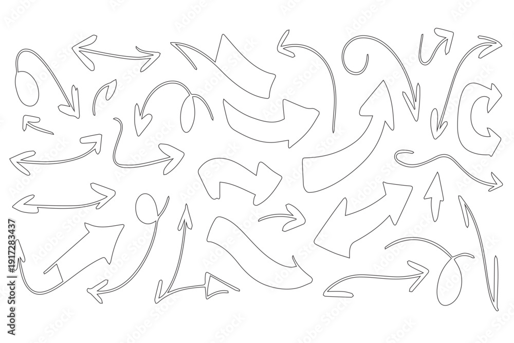Obraz premium Decorative Hand-Drawn Arrow Symbols - Set of Black Sketchy Directional Pointers and Artistic Scribble Vectors.