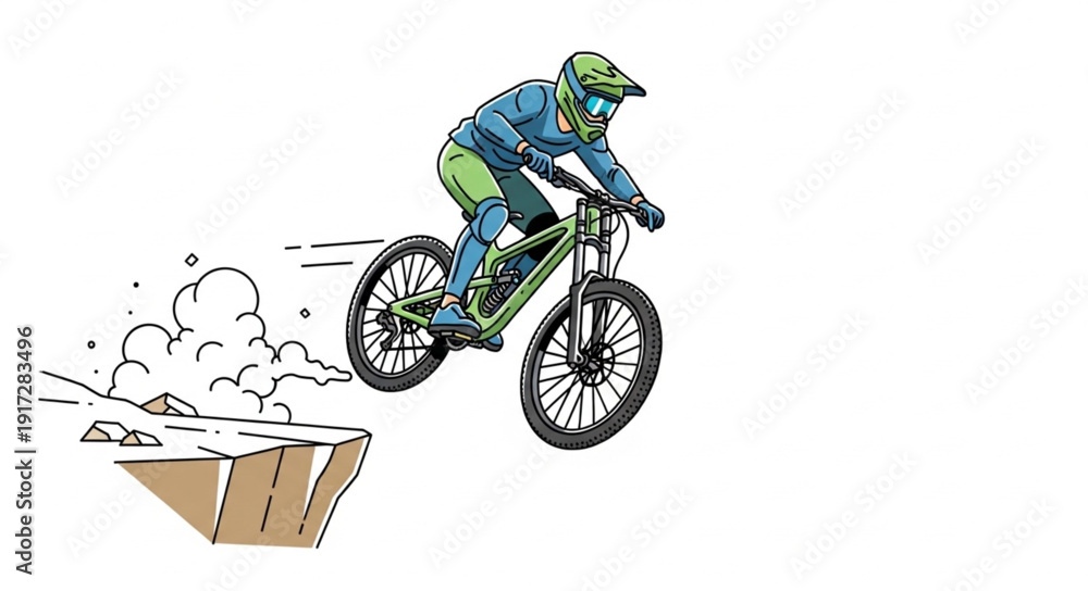 Fototapeta premium Man Riding Mountain Bike Down Ramp.