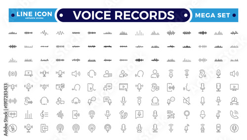 Voice Records web icons in line style. Sound wave, voice recognition, message, audio, speech, collection. Soundwave, social media message, voice assistant, audio. Editable stroke outline icon.
