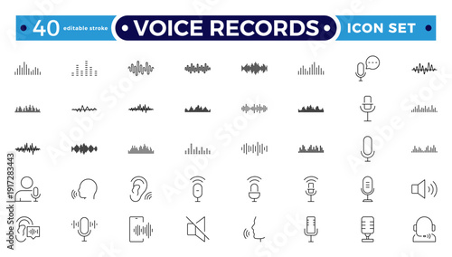 Voice Records web icons in line style. Sound wave, voice recognition, message, audio, speech, collection. Soundwave, social media message, voice assistant, audio. Editable stroke outline icon.
