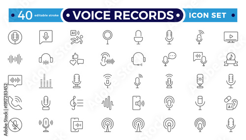 Voice Records web icons in line style. Sound wave, voice recognition, message, audio, speech, collection. Soundwave, social media message, voice assistant, audio. Editable stroke outline icon.

