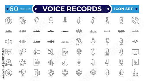 Voice Records web icons in line style. Sound wave, voice recognition, message, audio, speech, collection. Soundwave, social media message, voice assistant, audio. Editable stroke outline icon.

