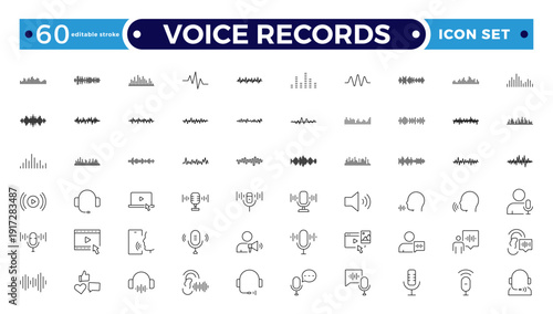 Voice Records web icons in line style. Sound wave, voice recognition, message, audio, speech, collection. Soundwave, social media message, voice assistant, audio. Editable stroke outline icon.

