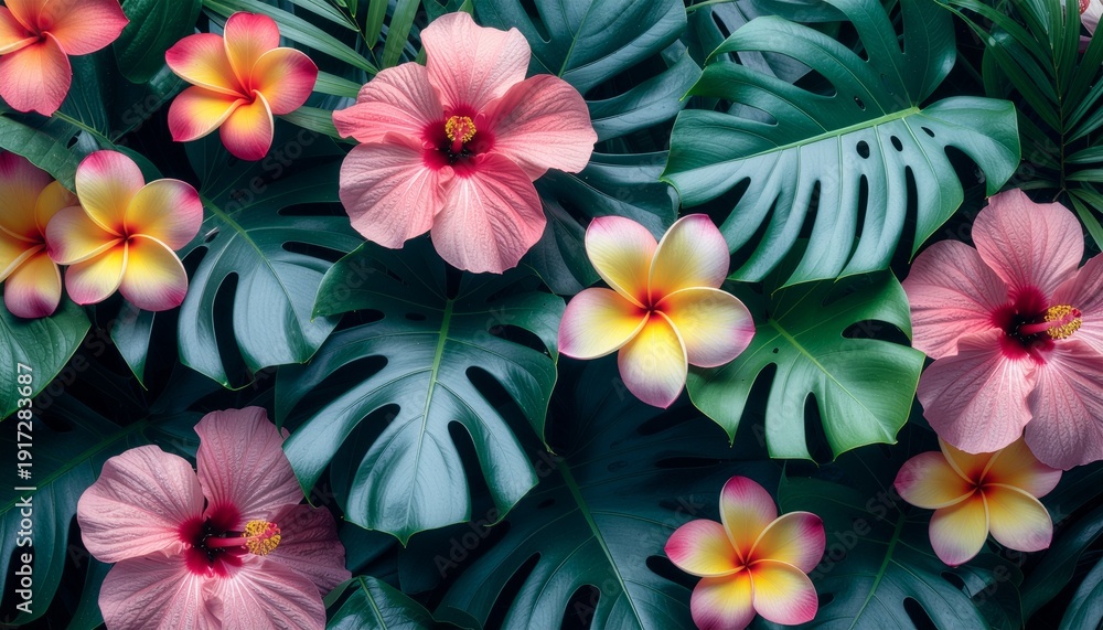 Fototapeta premium Tropical flowers and leaves in a vibrant floral arrangement.