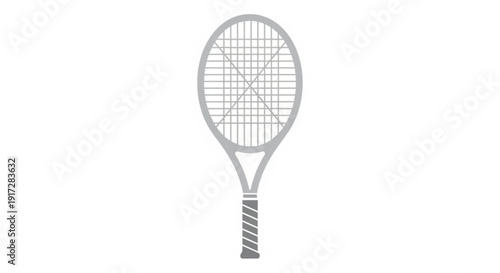 Gray tennis racket with striped handle on white background