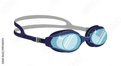 Swim goggles with blue lenses and dark frame on white background