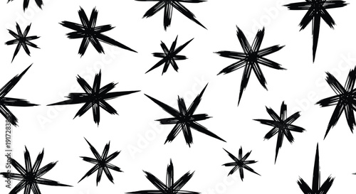 Set of black hand drawn starburst icons, artistic sparkling stars, decorative ink bursts, festive twinkle symbols, grunge star shapes on white