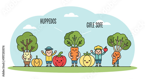 Cute Cartoon Vegetables and Trees Characters Having Fun Together Outdoors