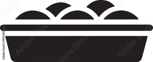 Black shallow tray with rounded mounds of food icon on transparent background