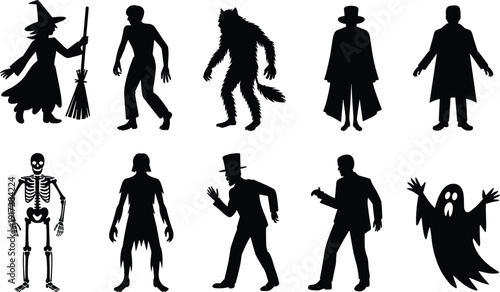 Halloween horror character silhouettes set, witch zombie werewolf vampire ghost and skeleton black vector collection isolated on white background for spooky design