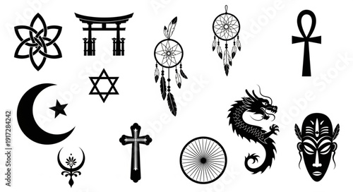 Collection of Diverse Cultural and Religious Symbols Icons.