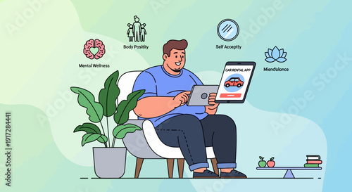 Mental health and wellness app concept with a person and digital interface elements