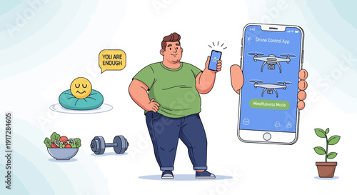 Overweight man uses drone app for healthy lifestyle improvements and weight loss