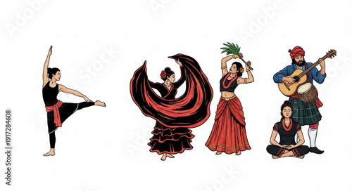 Diverse group of performers showcasing different cultural dances and music.