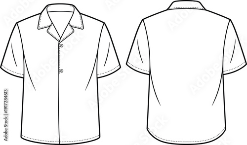 Men short sleeve camp collar shirt technical fashion illustration with front and back views, minimalist flat apparel template isolated on white