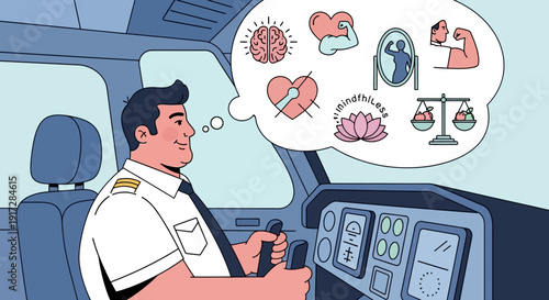 Pilot's mental well-being and self-care concepts in the cockpit illustration